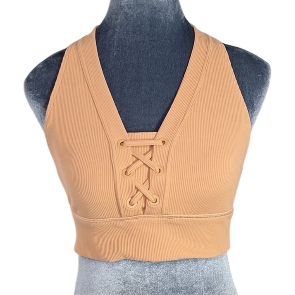 Aerie Offline Ribbed Lace Up Orange Sports Bra Medium